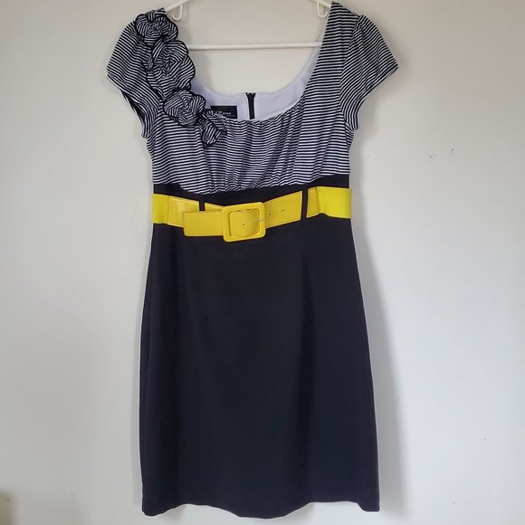 IZ Byer Yellow Belted Dress with a Stripped Top and Black Solid Bottom Juniors 7 - Picture 9 of 10